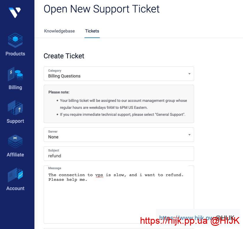 vultr填写退款工单